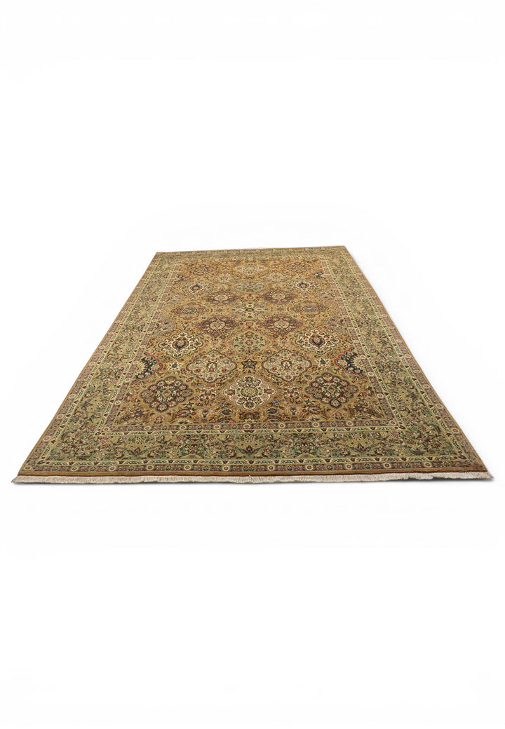 Gold and Sage Repeating Floral, Hand-Knotted Wool Rug