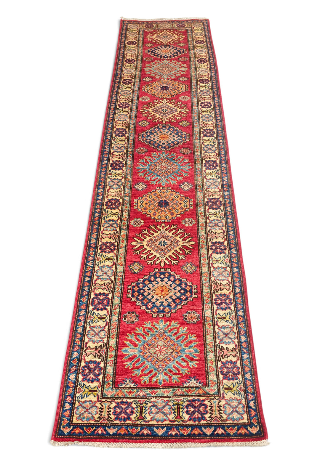 Cherry Red and Cream Starburst Medallion Kazak, Hand-Knotted Wool Rug