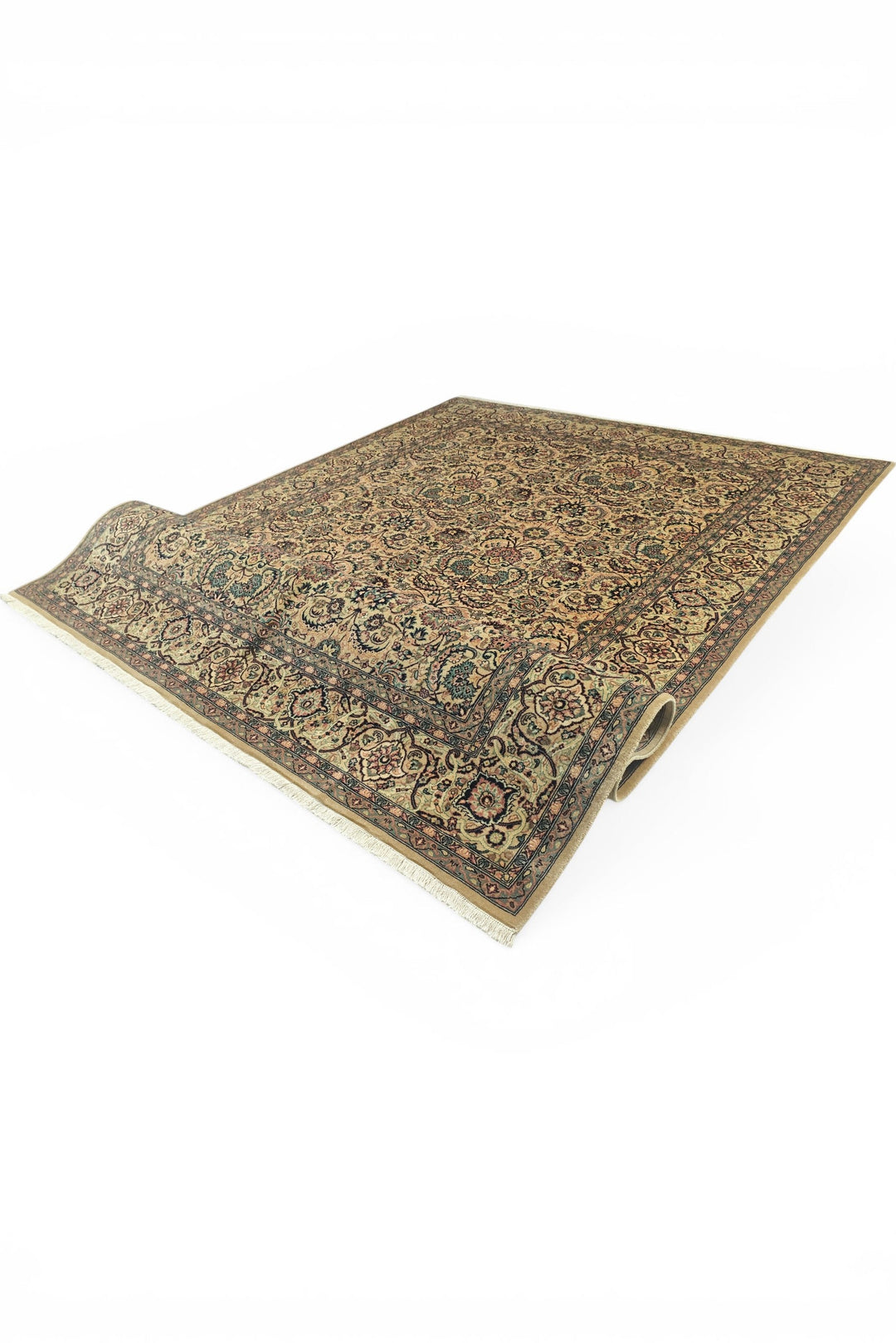 Gold and Teal Floral Vine, Hand-Knotted Wool Rug