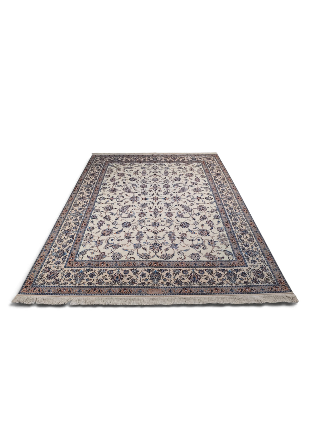 Ivory and Salmon All-Over Arabesque Nain, Hand-Knotted Wool Rug