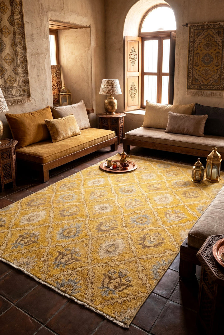 Goldenrod Trellis Gabbeh, Hand-Knotted Afghan Wool &amp; Silk Rug