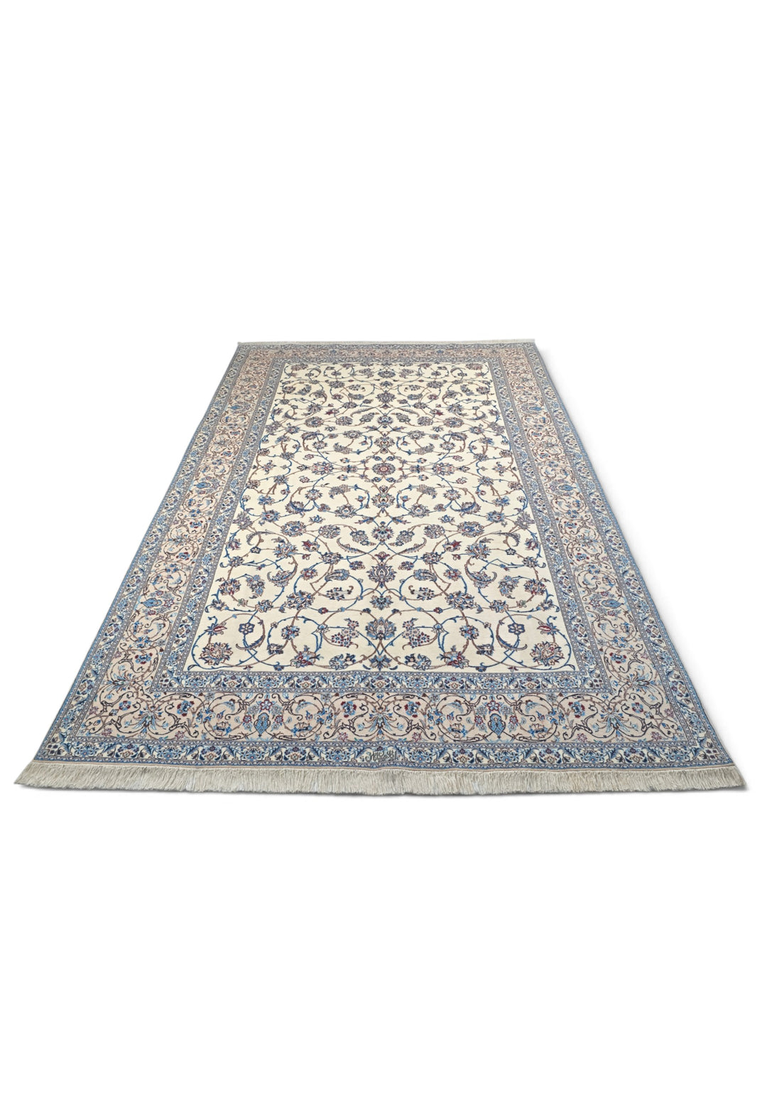 Ivory and Blue All-Over Arabesque Nain, Hand-Knotted Wool Rug