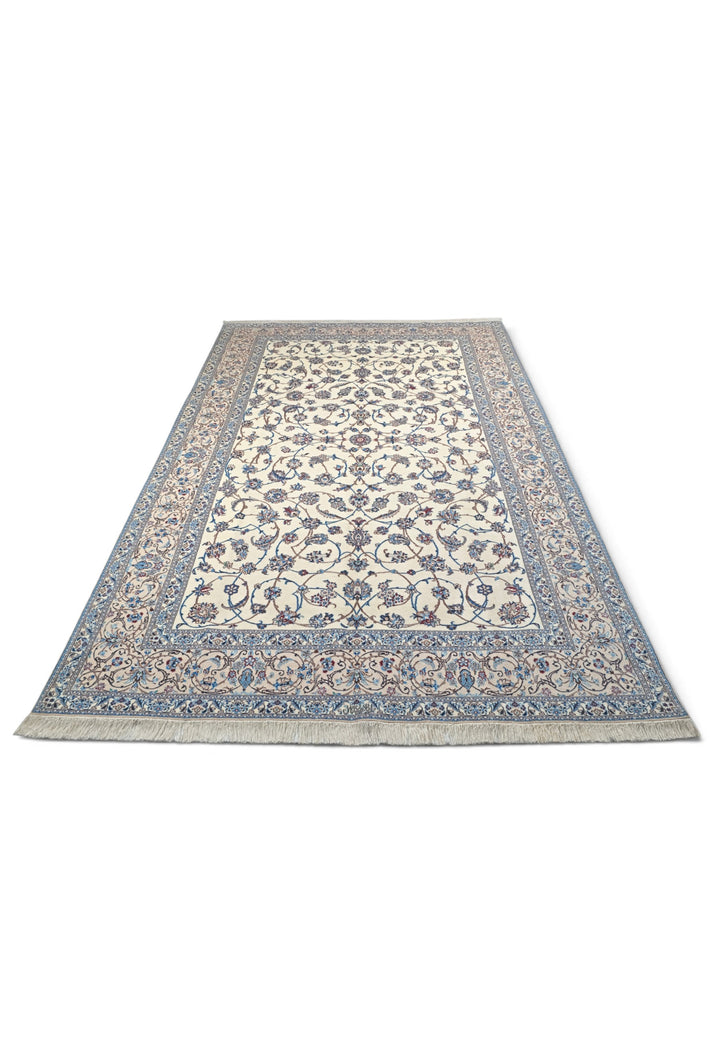 Ivory and Blue All-Over Arabesque Nain, Hand-Knotted Wool Rug