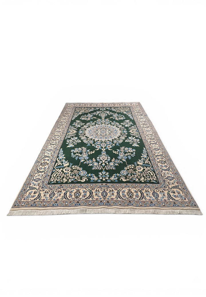 Forest-Green Medallion Persian Nain, Hand-Knotted Wool Rug