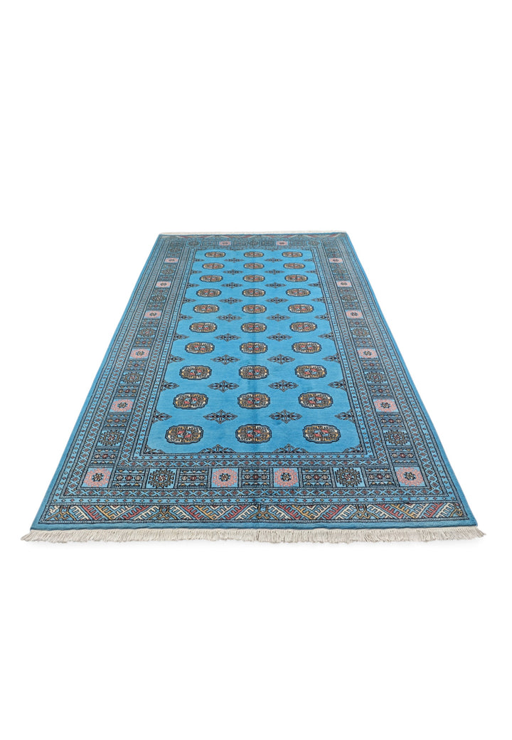 Turquoise and Ivory Turkmen Gül Bokhara, Hand-Knotted Wool Rug
