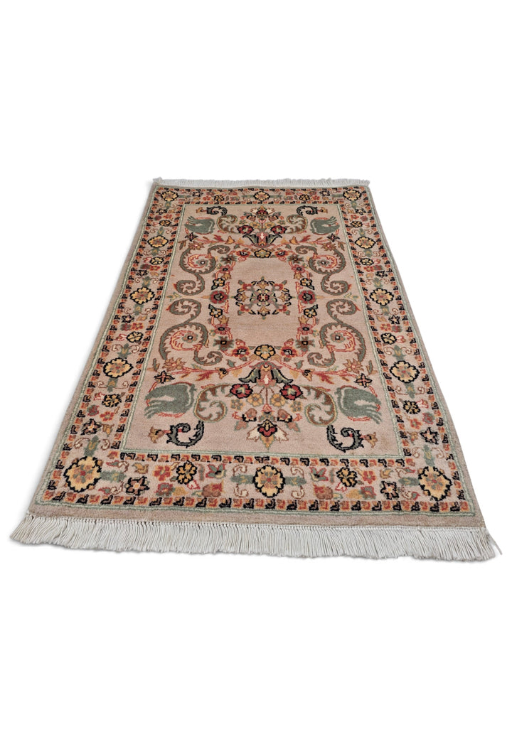 Blush and Sage Scrolling Leaf Medallion, Hand-Knotted Wool Rug