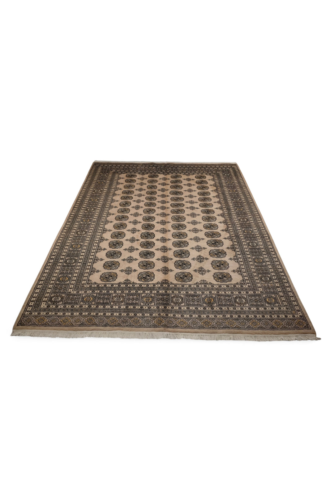 Sand and Espresso Gül and Tree Bokhara, Hand-Knotted Wool Rug
