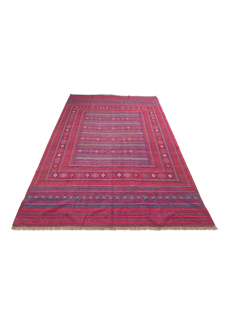 Magenta and Rose Banded Kilim, Hand-Woven Wool