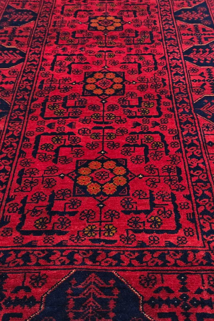Raspberry Red and Navy Khan Muhammadi Runner, Hand-Knotted Wool