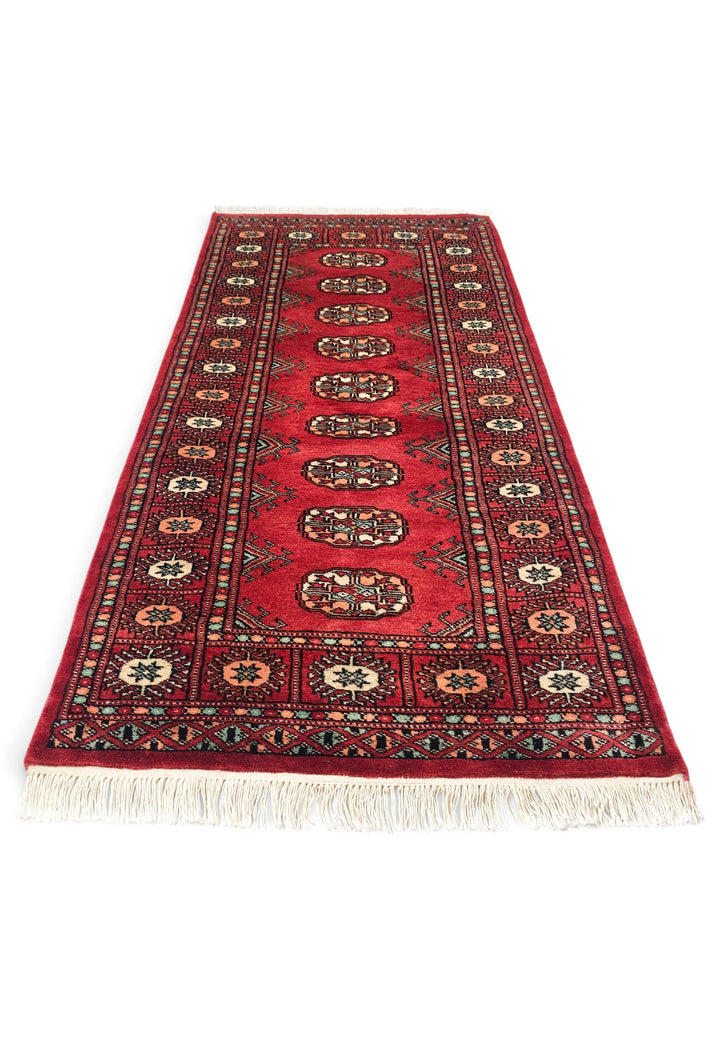 Ruby Red and Peach Turkmen Gül Bokhara, Hand-Knotted Wool Rug
