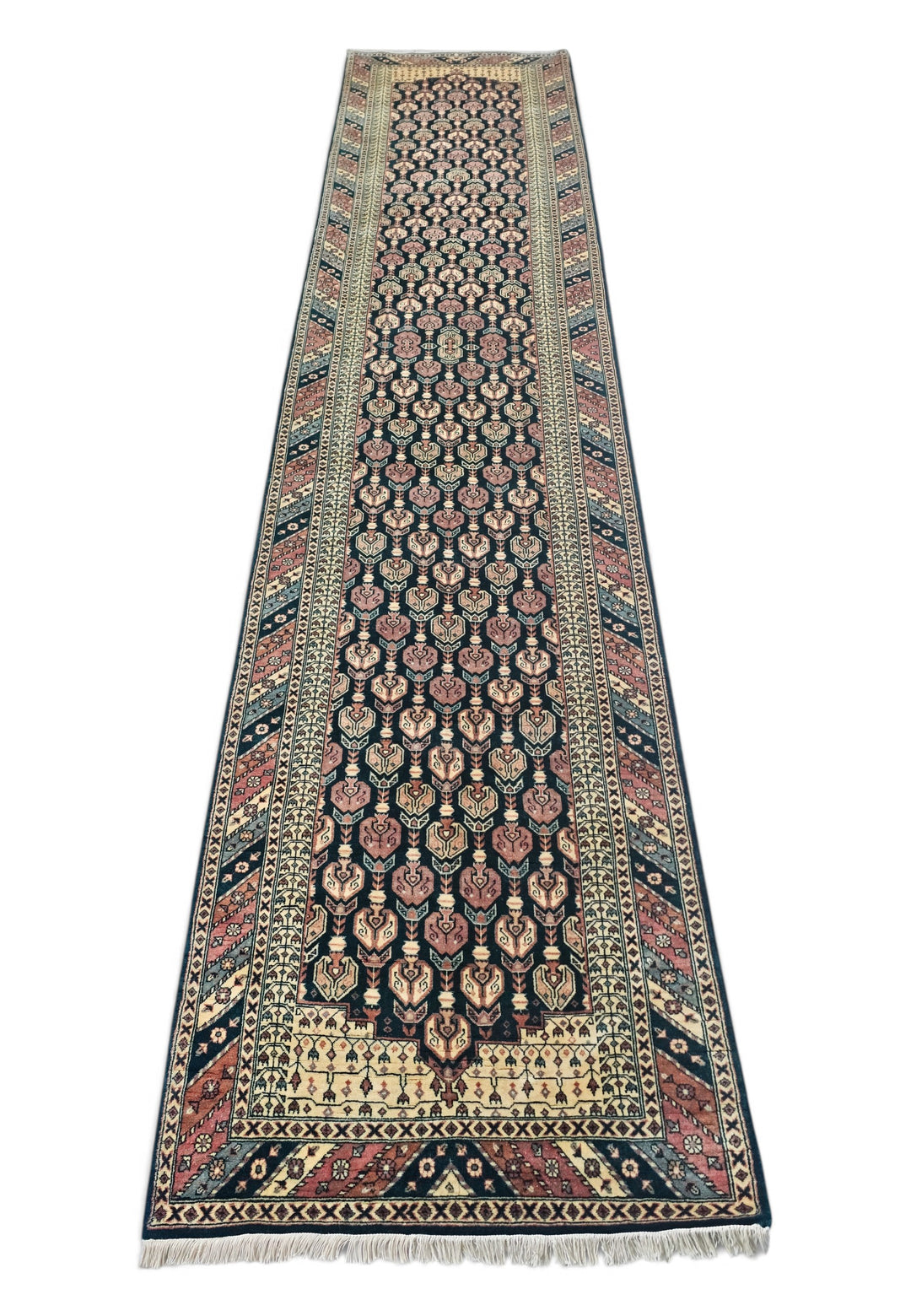 Navy and Dusty Rose Hereke Floral, Hand-Knotted Wool Rug