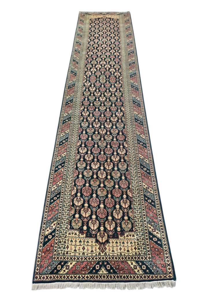 Navy and Dusty Rose Hereke Floral, Hand-Knotted Wool Rug