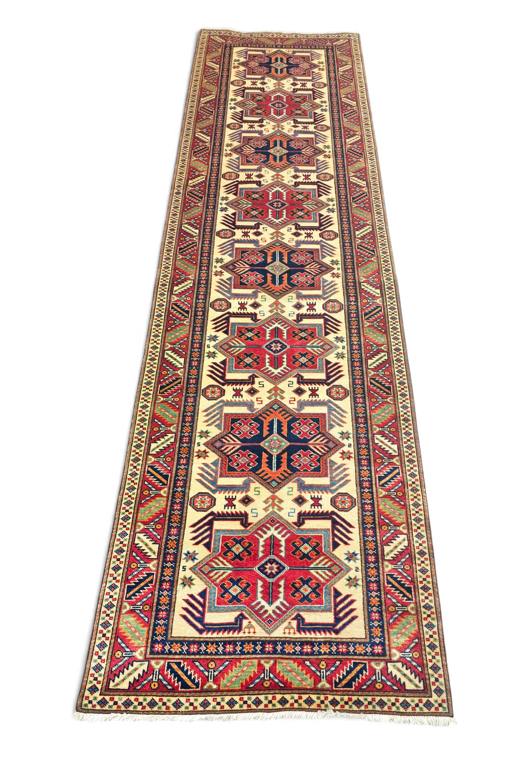 Ivory and Red Hooked Star Medallion Rug, Hand-Knotted Sherwan