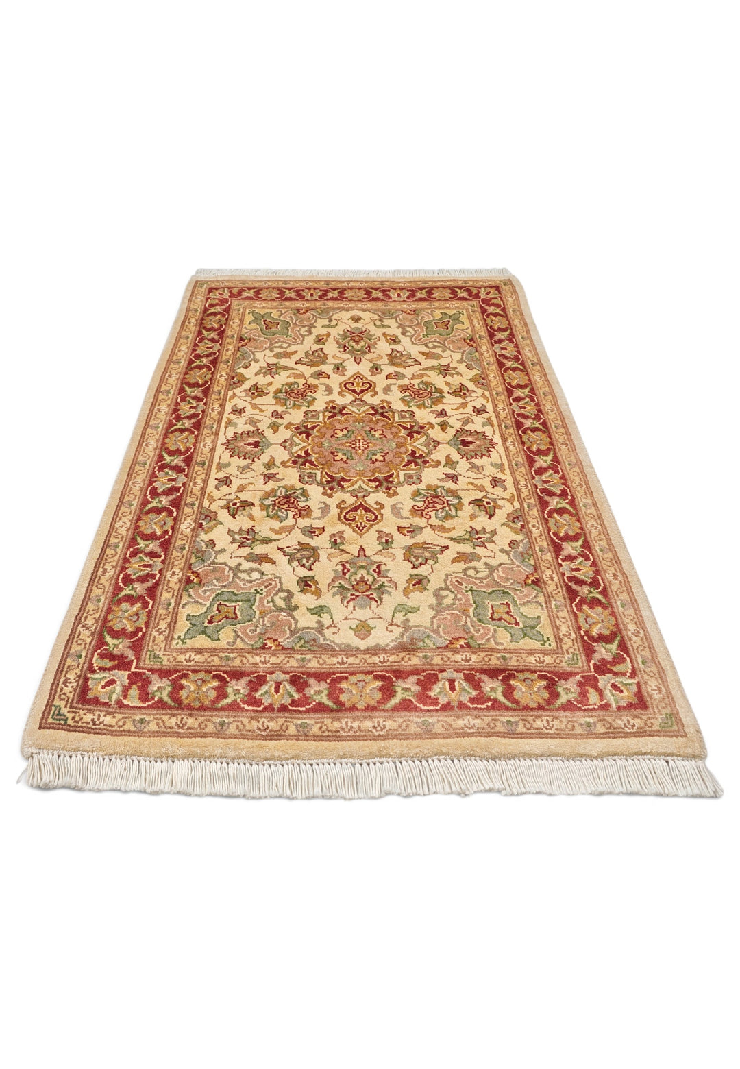 Cream and Brick Red Medallion Tabriz, Hand-Knotted Wool and Silk Rug