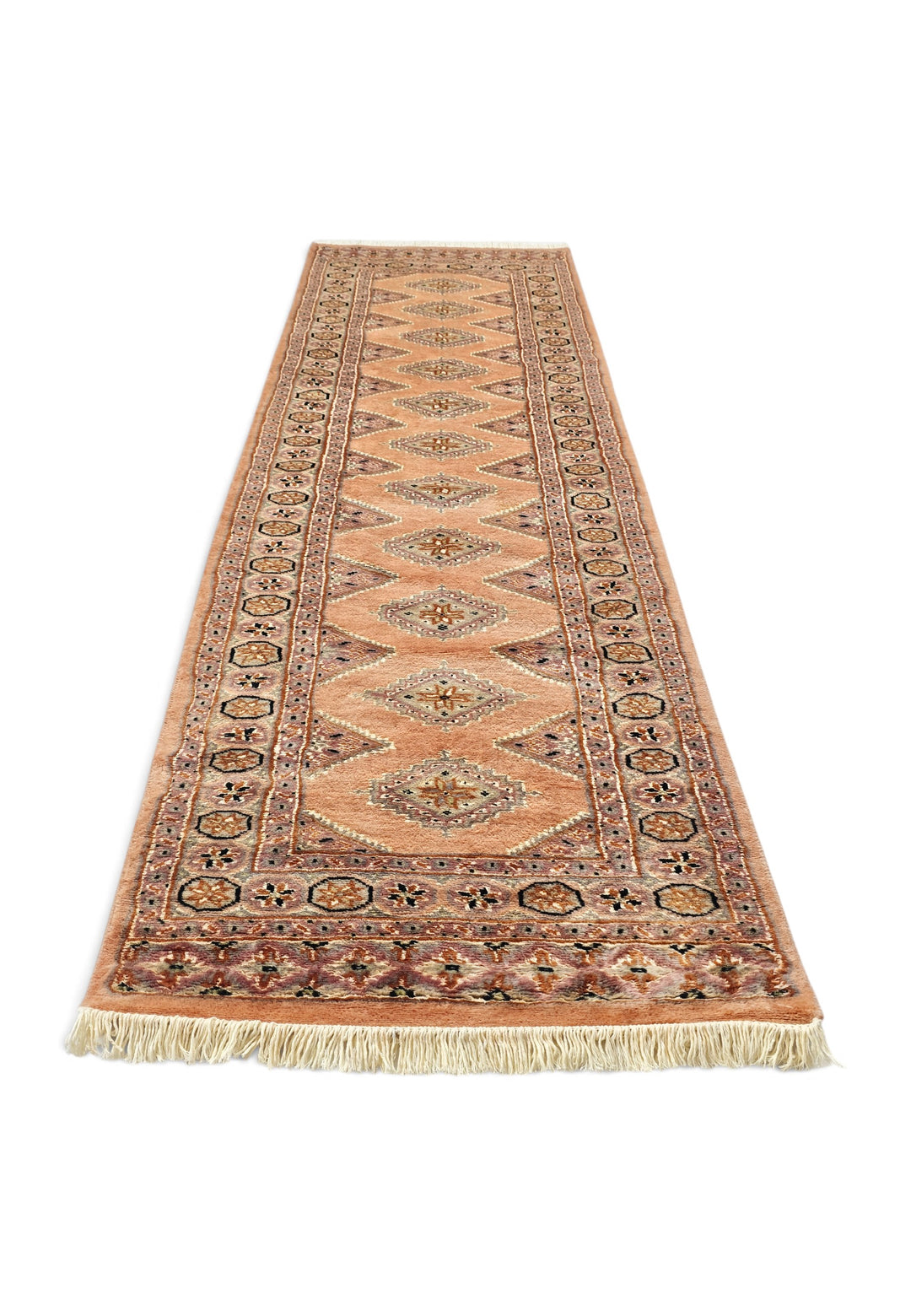 Salmon and Mauve Jaldar Diamond Gül, Hand-Knotted Wool and Silk Rug