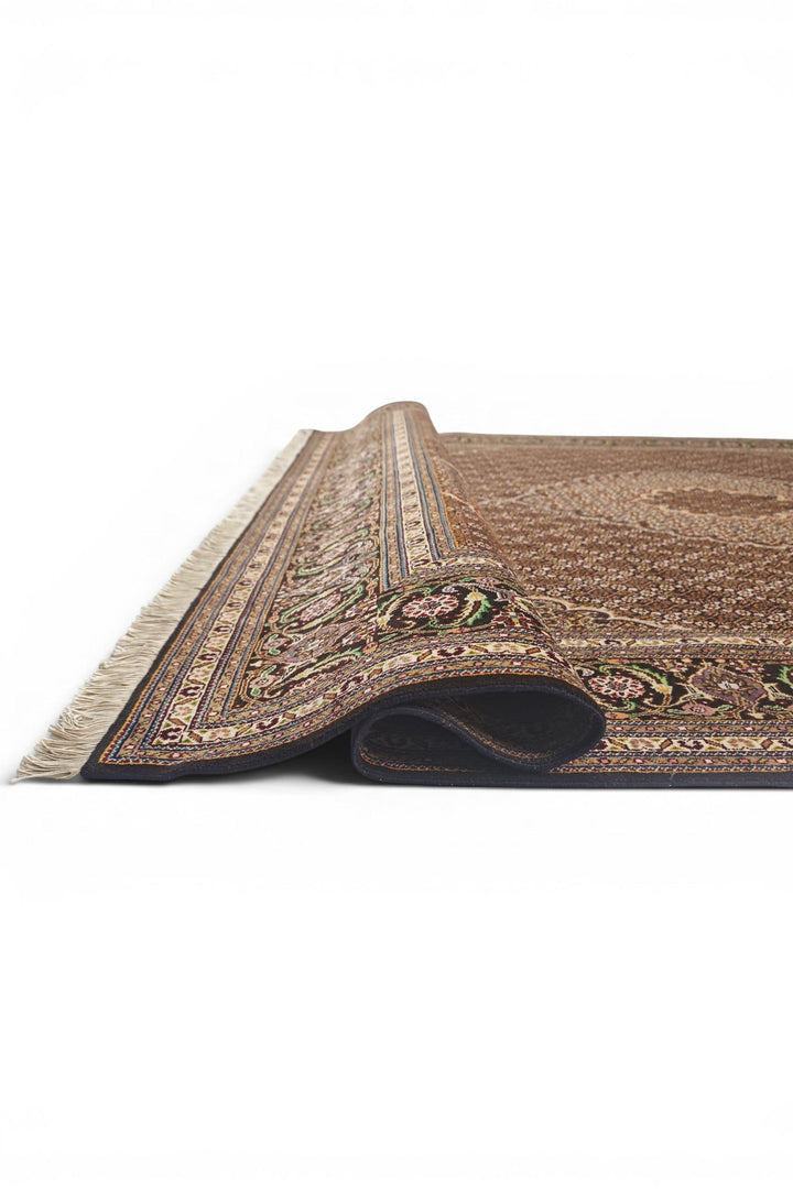 Brown Mahi Medallion Persian Tabriz, Hand-Knotted Wool Rug