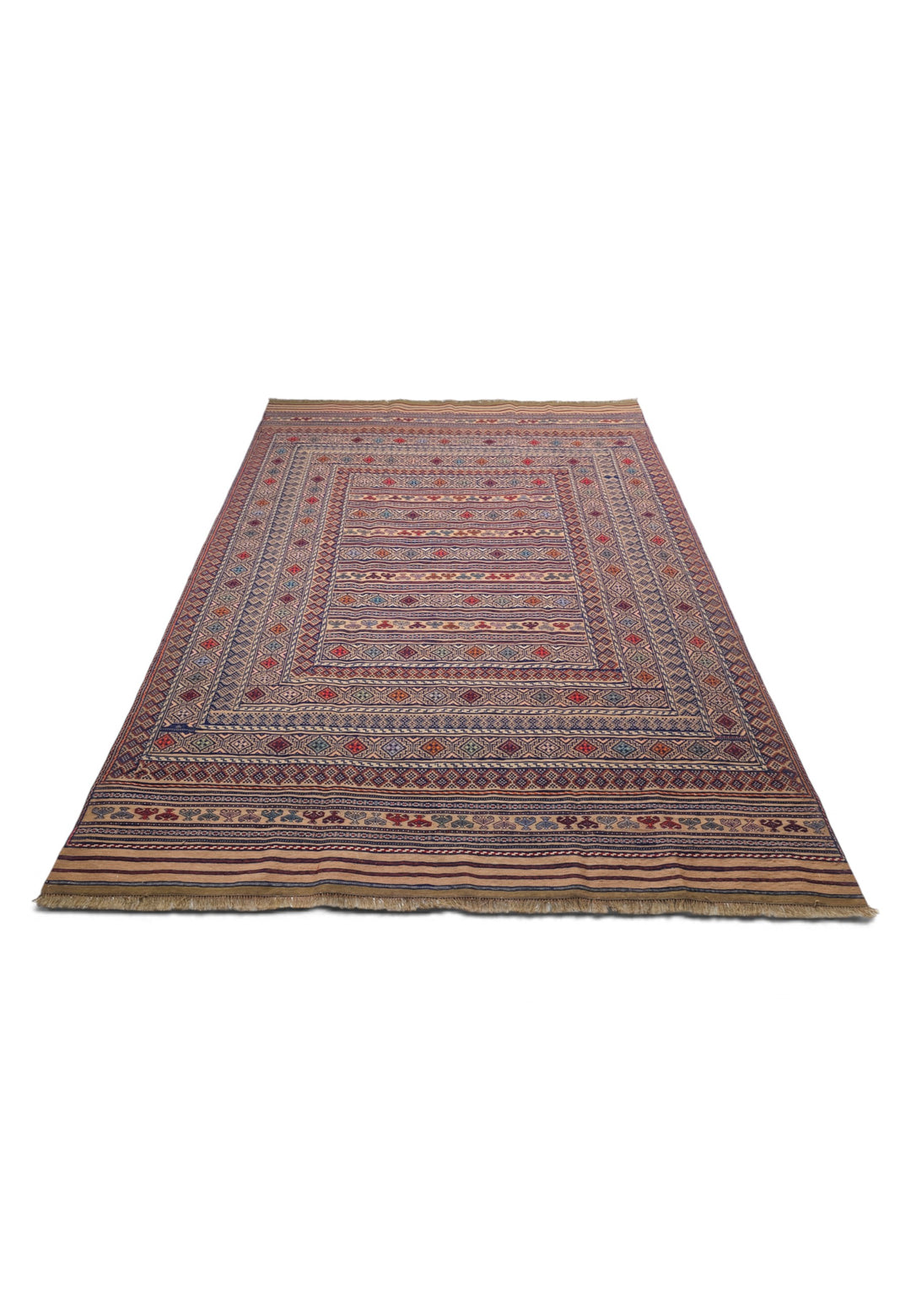 Camel and Indigo Banded Kilim, Hand-Woven Wool
