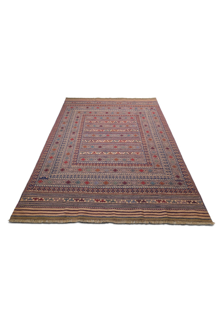 Camel and Indigo Banded Kilim, Hand-Woven Wool