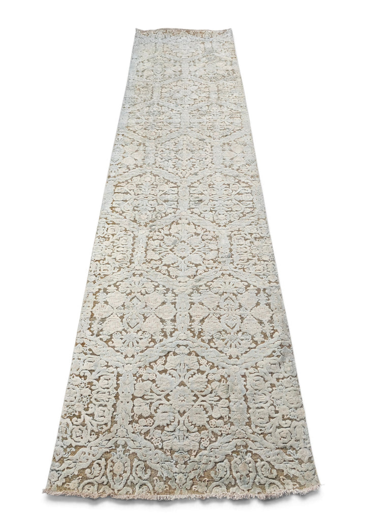 Ivory and Taupe Damask Lattice, Hand-Knotted Wool and Silk Rug