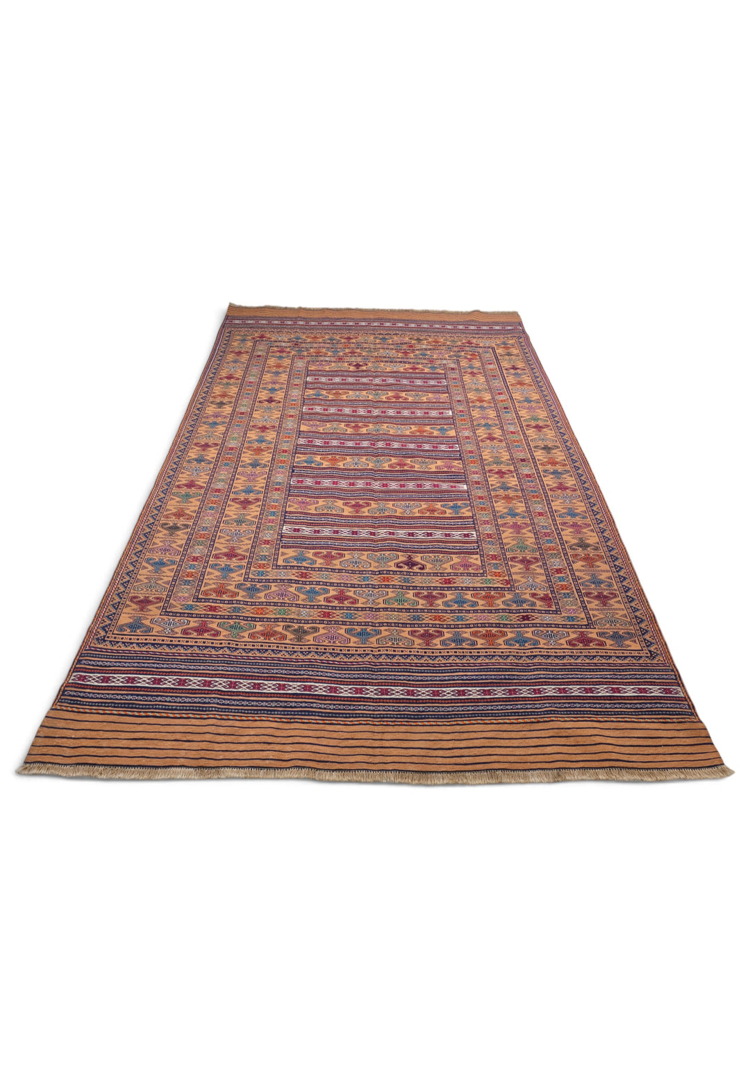 Apricot Camel and Indigo Banded Kilim, Hand-Woven Wool