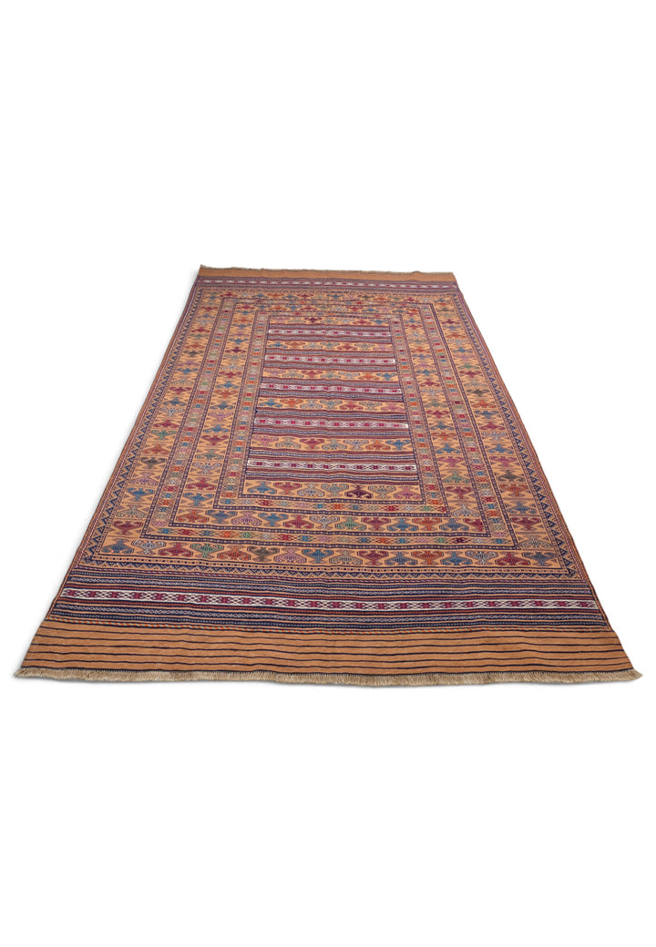 Apricot Camel and Indigo Banded Kilim, Hand-Woven Wool
