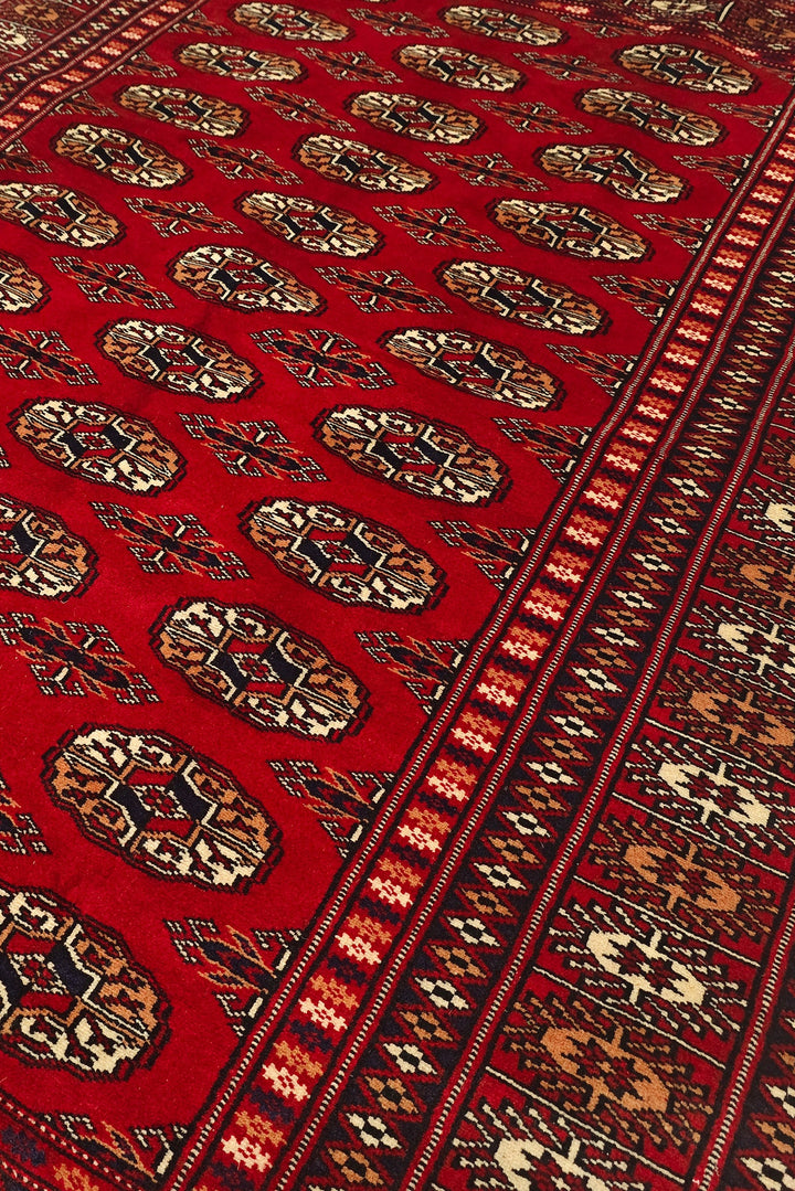 Bright Red Turkmen Gül Bokhara Rug, Hand-Knotted Pakistani Wool