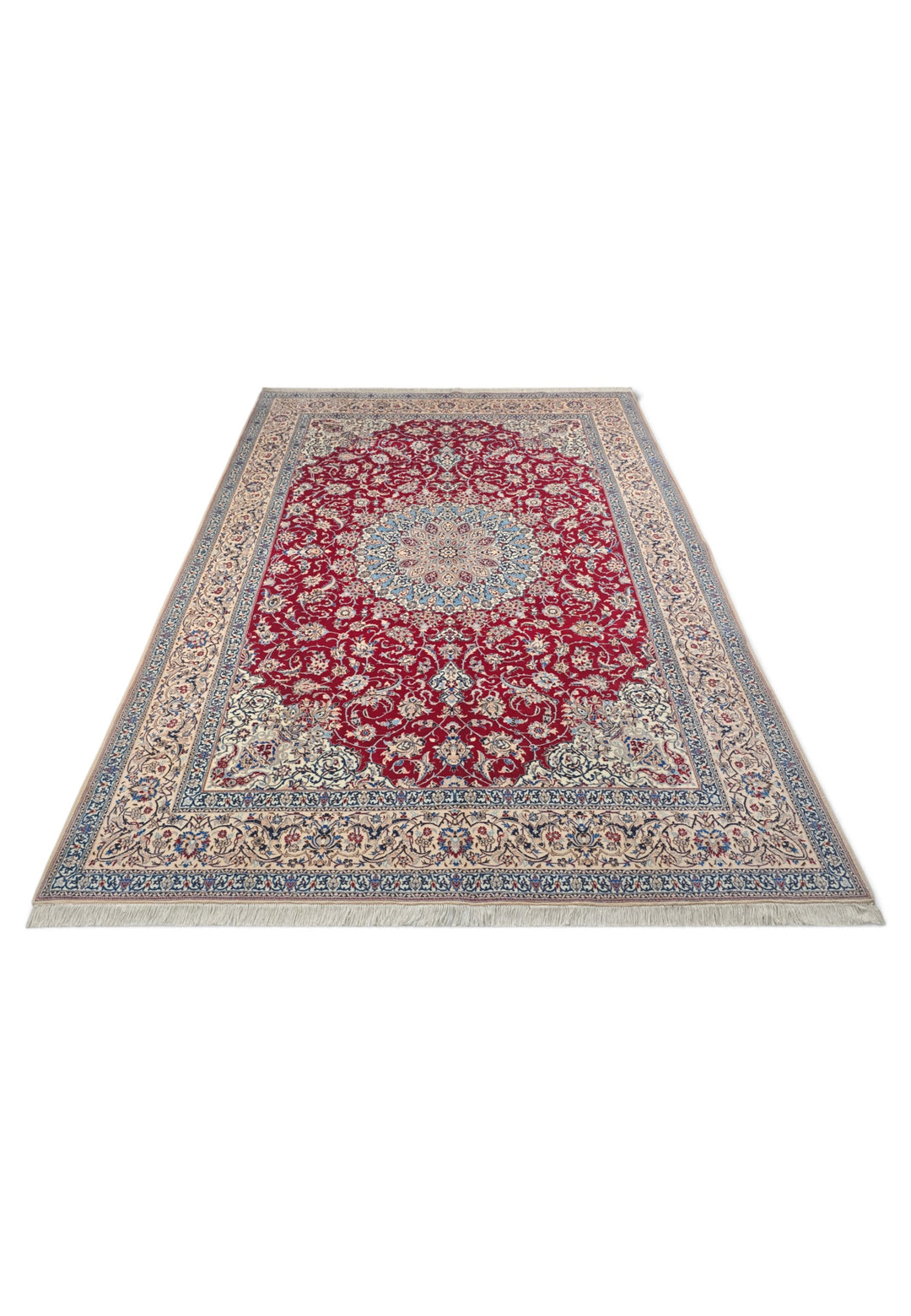 Red and Cream Medallion Nain Shesh La, Hand-Knotted Wool Rug