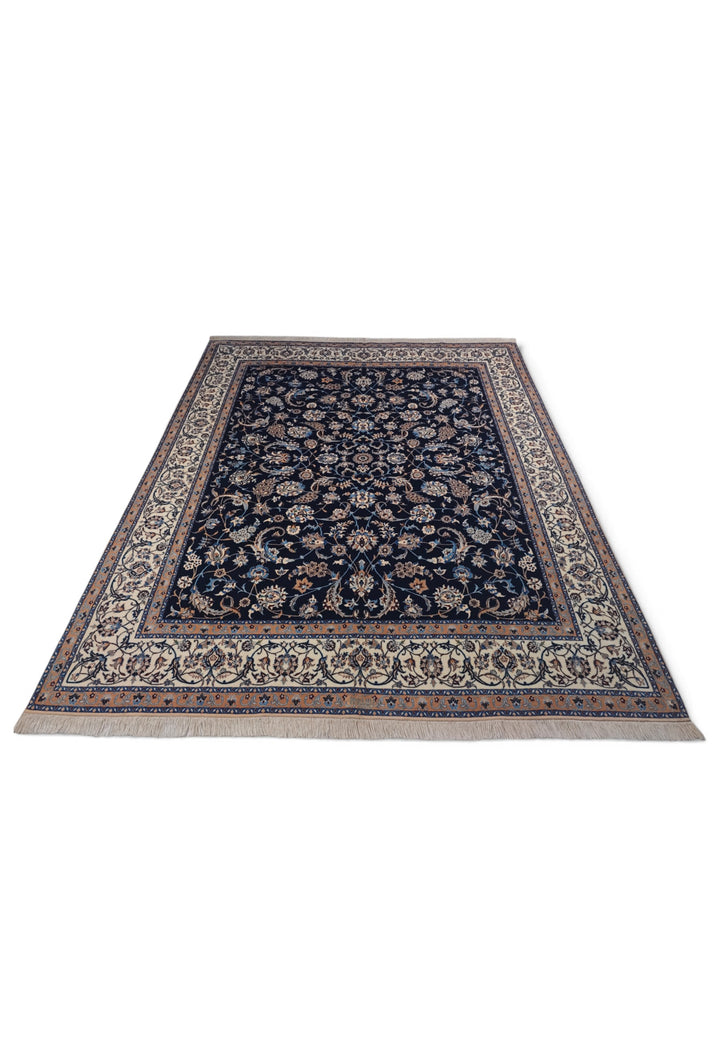 Navy and Ivory All-Over Arabesque Nain, Hand-Knotted Wool Rug