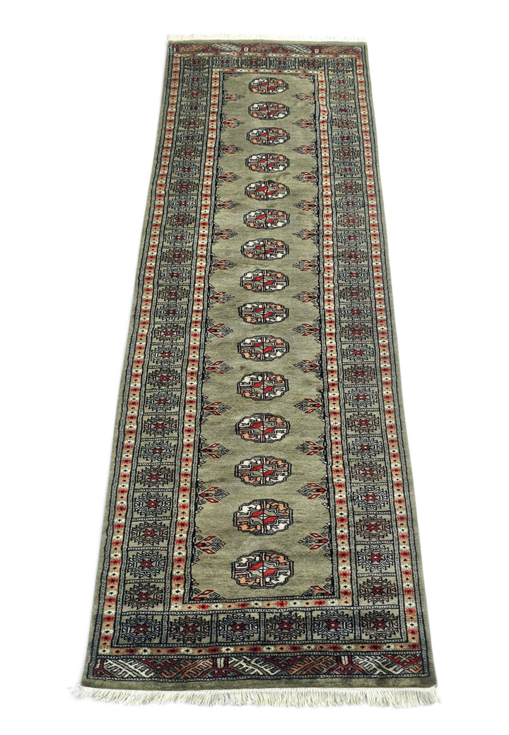 Olive and Peach Turkmen Gül Bokhara, Hand-Knotted Wool Rug