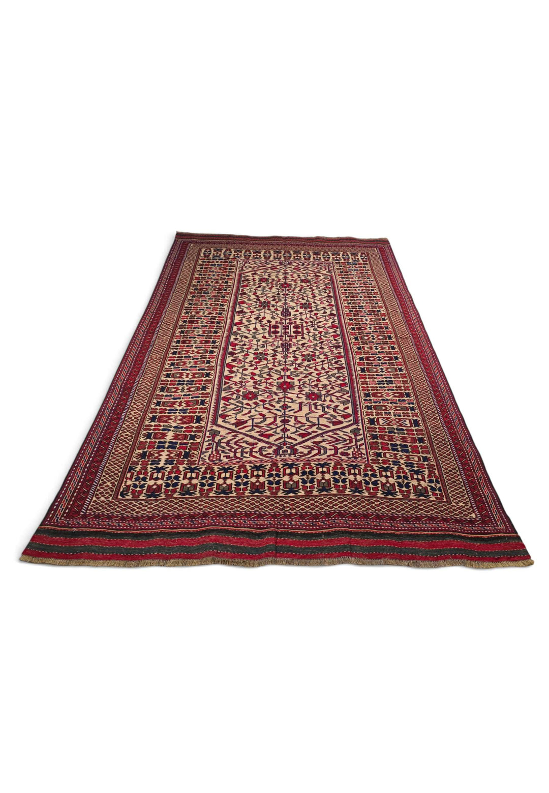 Cream and Red Hooked Medallion Kilim, Hand-Woven Wool