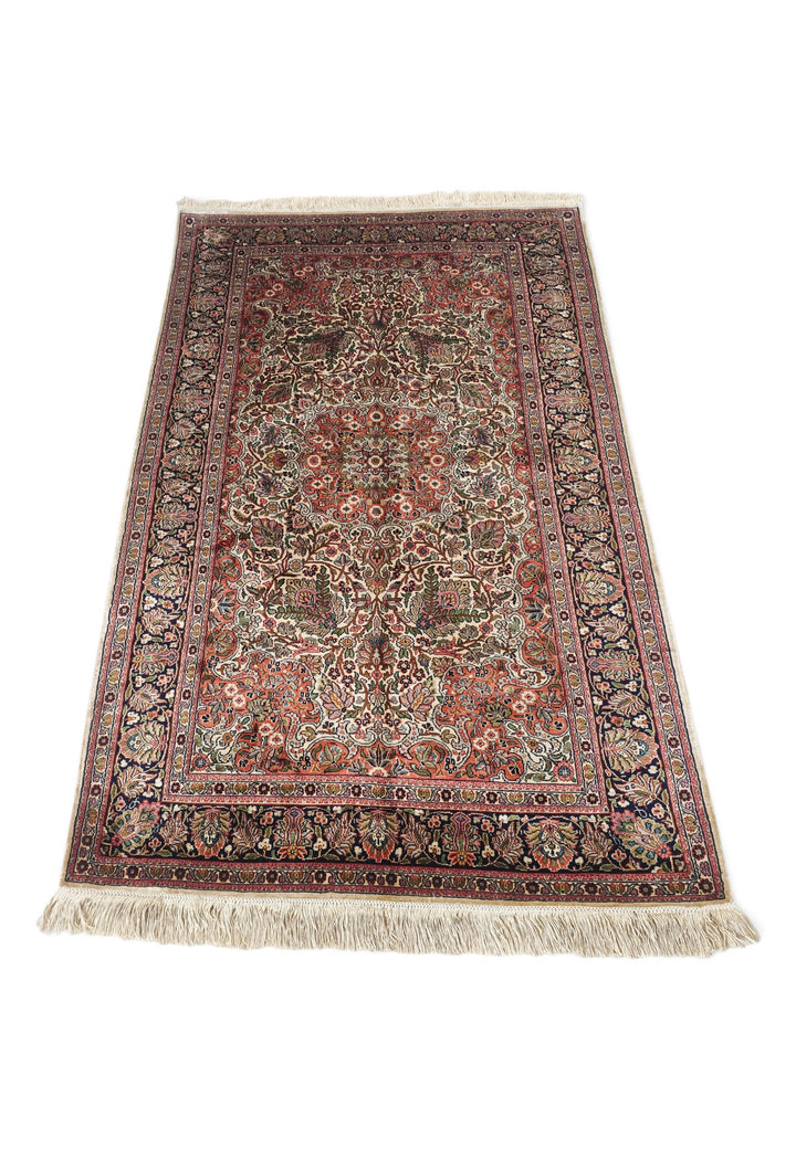 Rose and Black Afshan All-Over Floral, Hand-Knotted Silk Rug