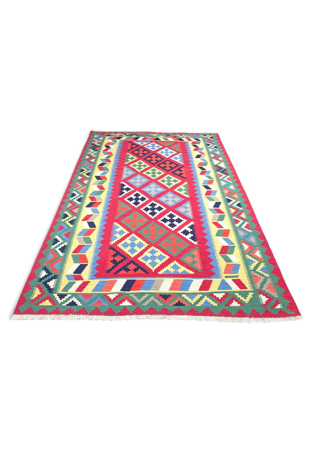 Cerise and Green Qashqai Medallion Kilim, Hand-Woven Wool