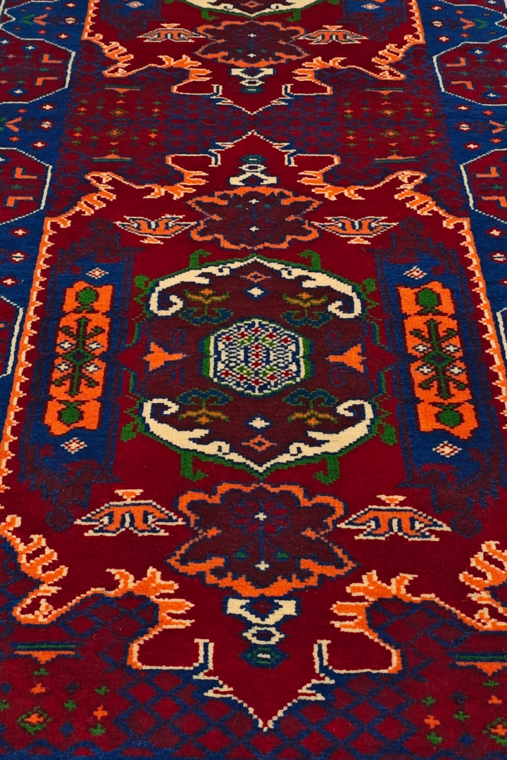 Red and Blue Khan Muhammadi Rug, Hand-Knotted Wool