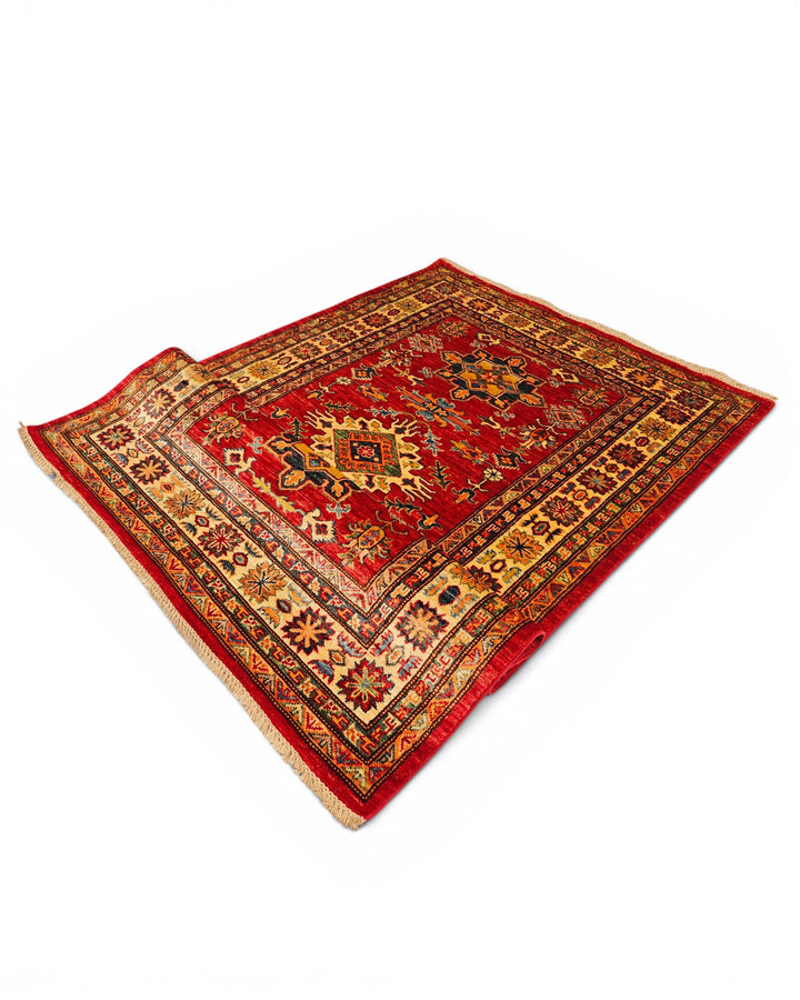 Red &amp; Gold Star Kazak Rug, Hand-Knotted Afghan Wool