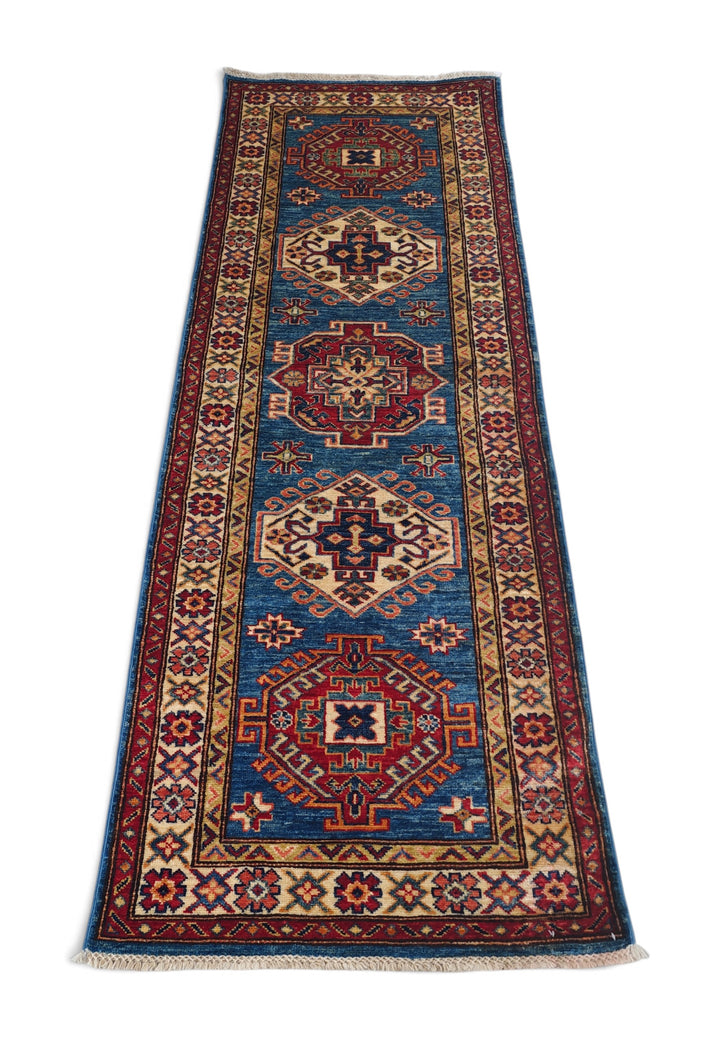 Teal Blue and Cream Hooked Medallion Kazak, Hand-Knotted Wool Rug