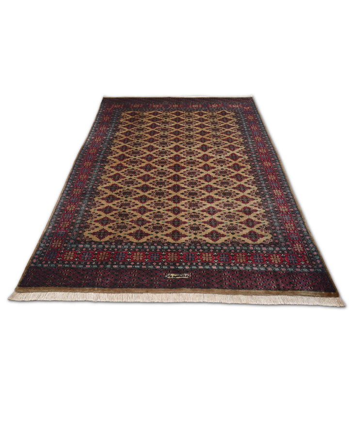 Camel and Wine Jaldar Diamond Lattice, Hand-Knotted Wool Rug