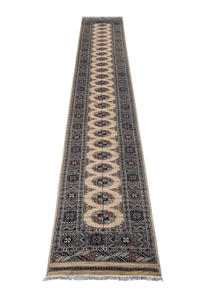 Camel and Navy Turkmen Gül Bokhara, Hand-Knotted Wool Rug