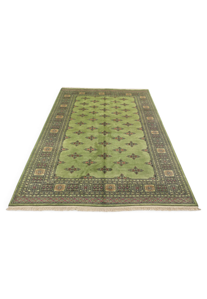 Olive Green Open Field Bokhara, Hand-Knotted Wool Rug