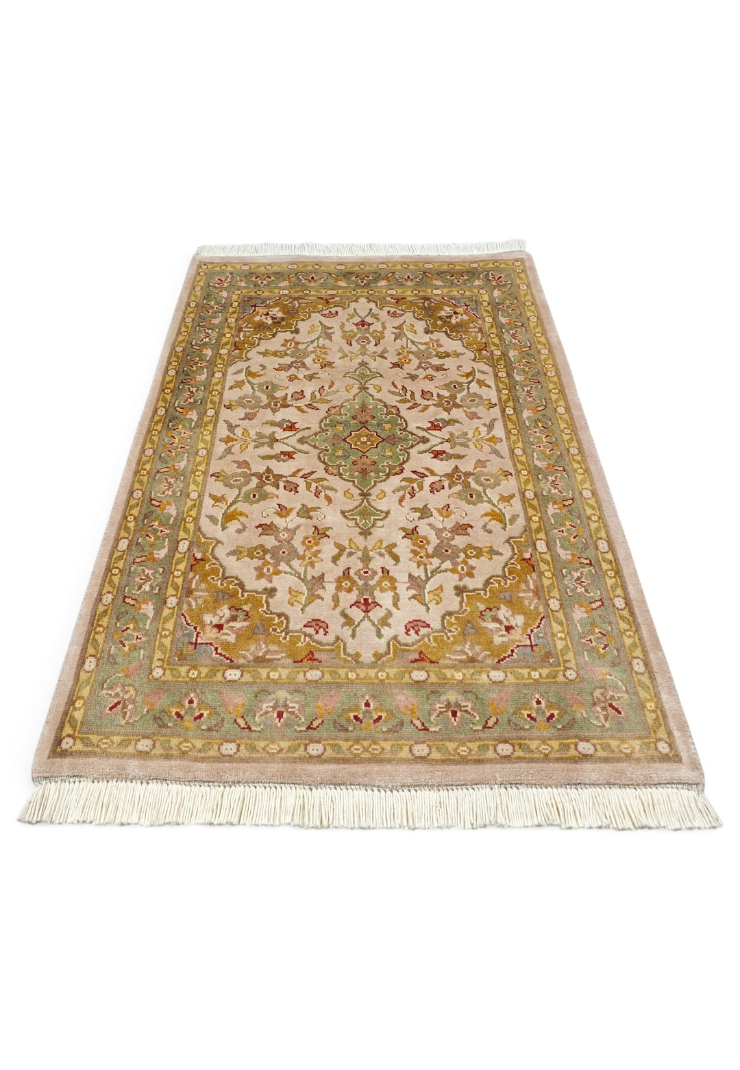 Blush and Ochre Medallion Tabriz, Hand-Knotted Wool and Silk Rug