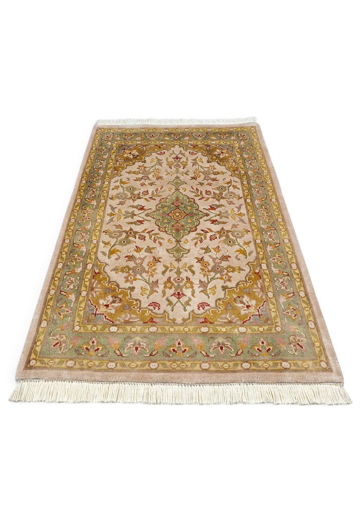 Blush and Ochre Medallion Tabriz, Hand-Knotted Wool and Silk Rug