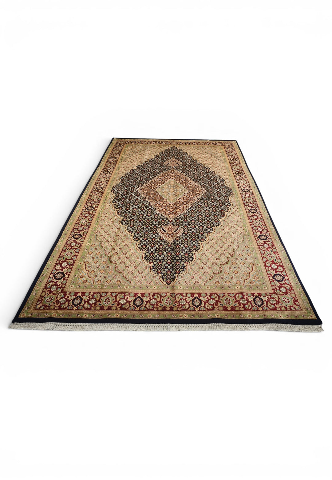 Navy and Cream Tabriz Mahi, Hand-Knotted Pakistani Wool and Silk Rug