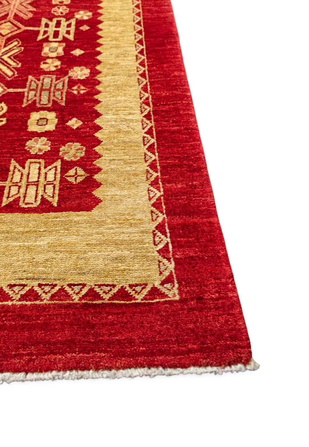 Bright Red and Wheat Gold Lattice Ghazni, Hand-Knotted Wool Rug