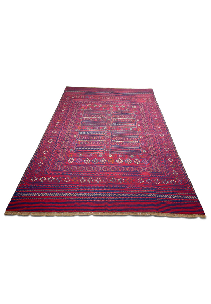 Rose Red and Navy Four-Panel Kilim, Hand-Woven Wool