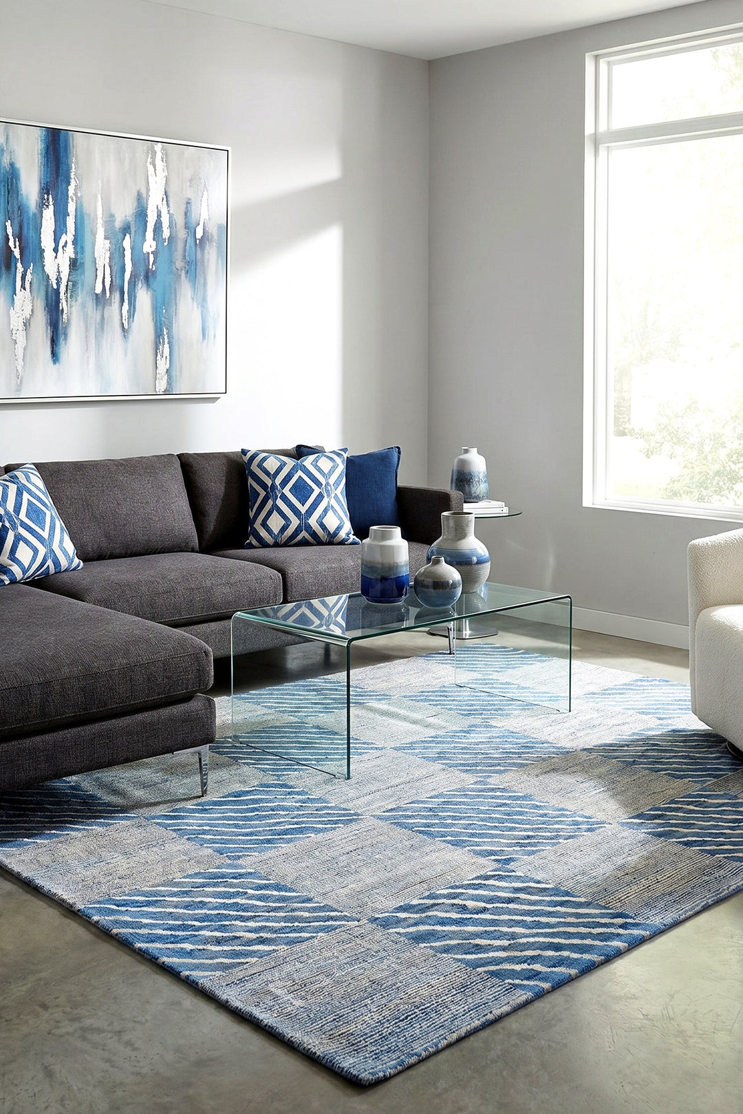 Coastal Check Gabbeh, Hand-Knotted Afghan Wool Rug