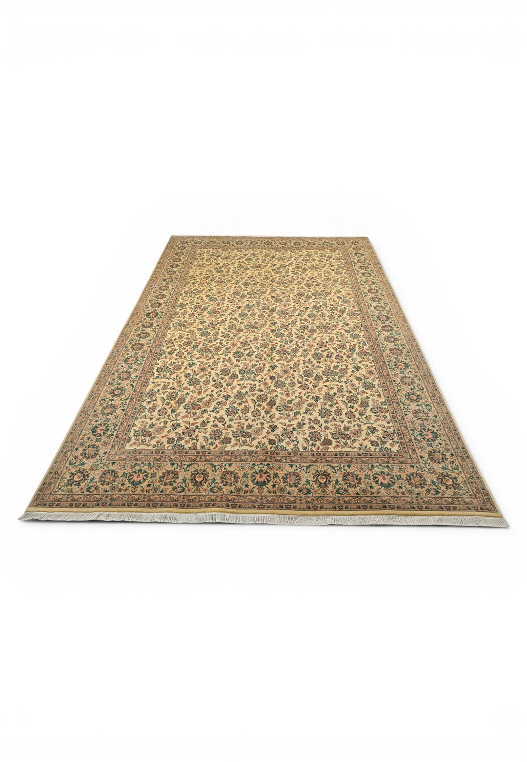 Cream and Green Floral Vine, Hand-Knotted Pakistani Wool Rug