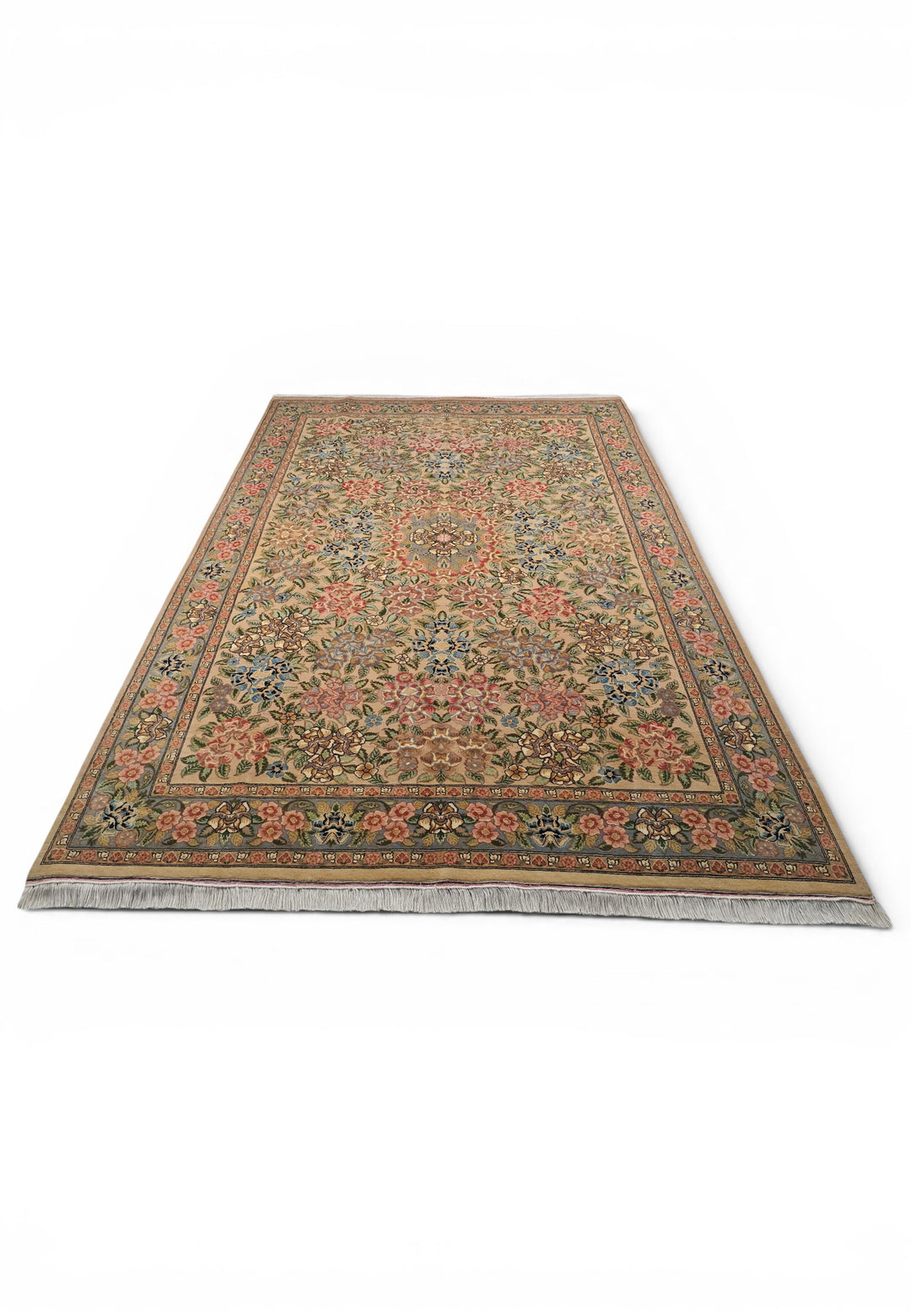 Camel and Pink Rose Floral, Hand-Knotted Wool Rug