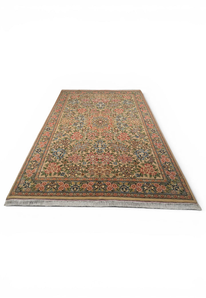 Camel and Pink Rose Floral, Hand-Knotted Wool Rug