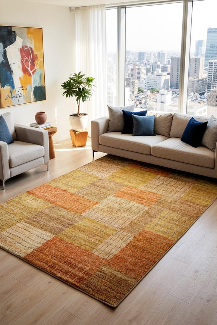 Sandstone Patchwork Gabbeh, Hand-Knotted Afghan Wool Rug