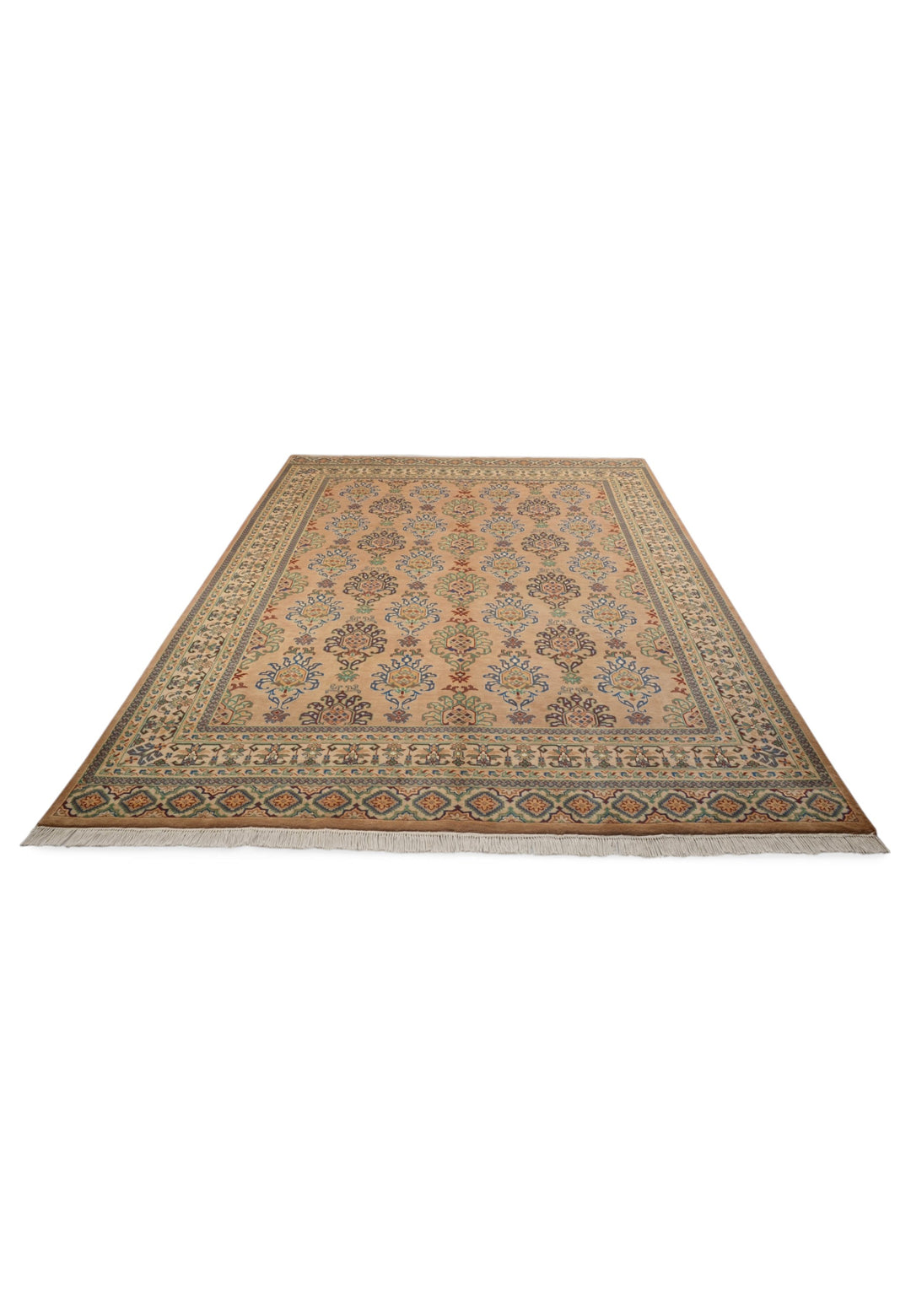 Apricot and Slate Blue Alternating Palmette, Hand-Knotted Wool and Silk Rug