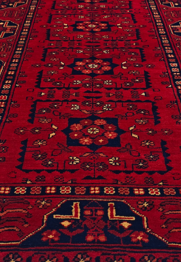 Red and Navy Khan Muhammadi Rug, Hand-Knotted Wool